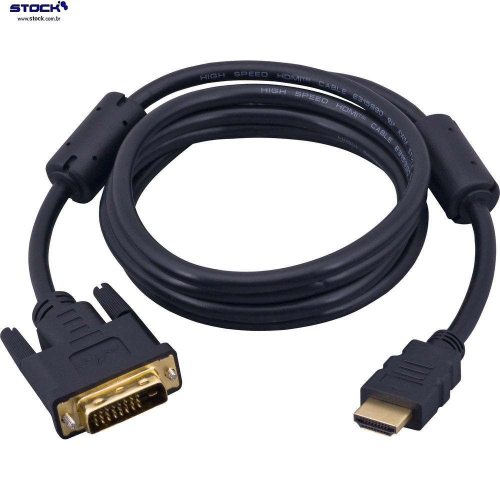 Cabo Dual Link Monitor HDMI Macho x DVI-D Macho 25 pinos (24+1) - contatos dourado - V 1.4 - com Filtro 1.50 Mts Preto