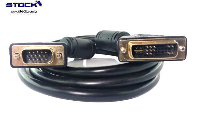 Cabo Monitor DVI-A Macho Single link (12+5) x VGA Macho ( 15 pinos )  - Contatos dourado - com filtro 3.00 mts Preto