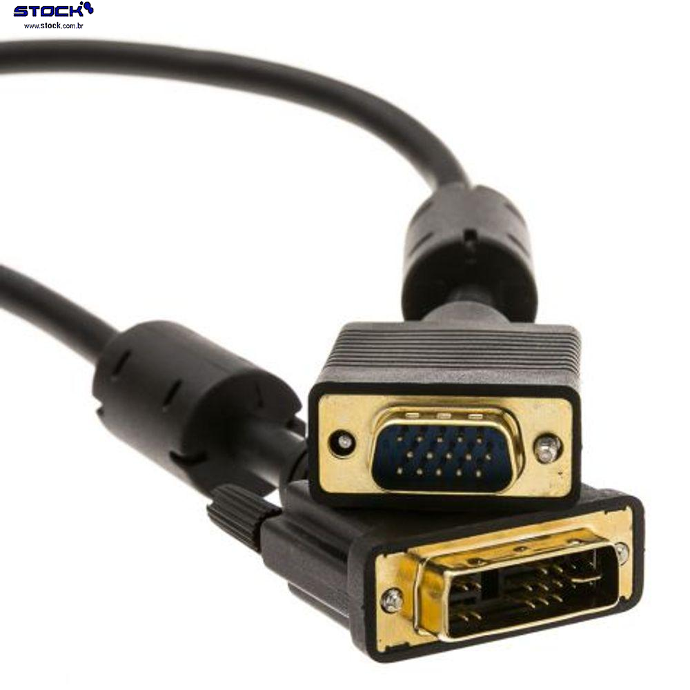 Cabo Monitor DVI-A Macho Single link (12+5) x VGA Macho ( 15 pinos )  - Contatos dourado - com filtro 3.00 mts Preto