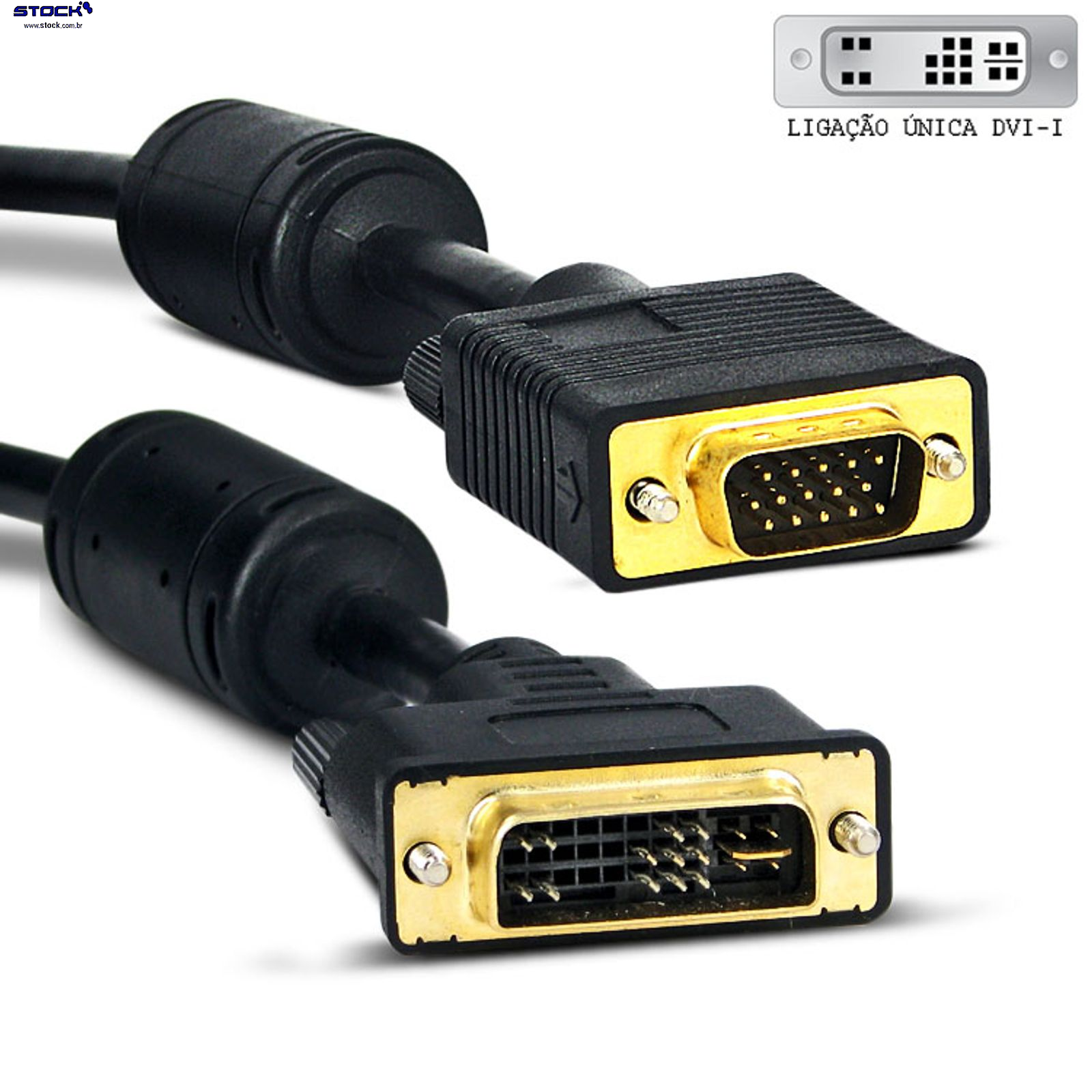 Cabo Monitor DVI-A Macho Single link (12+5) x VGA Macho ( 15 pinos )  - Contatos dourado - com filtro 5.00 mts Preto