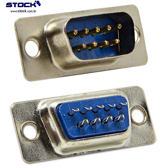 Conector tipo D-Sub DB 09 Pinos Macho Fileira dupla – Solda Fio 180 Graus - Azul
