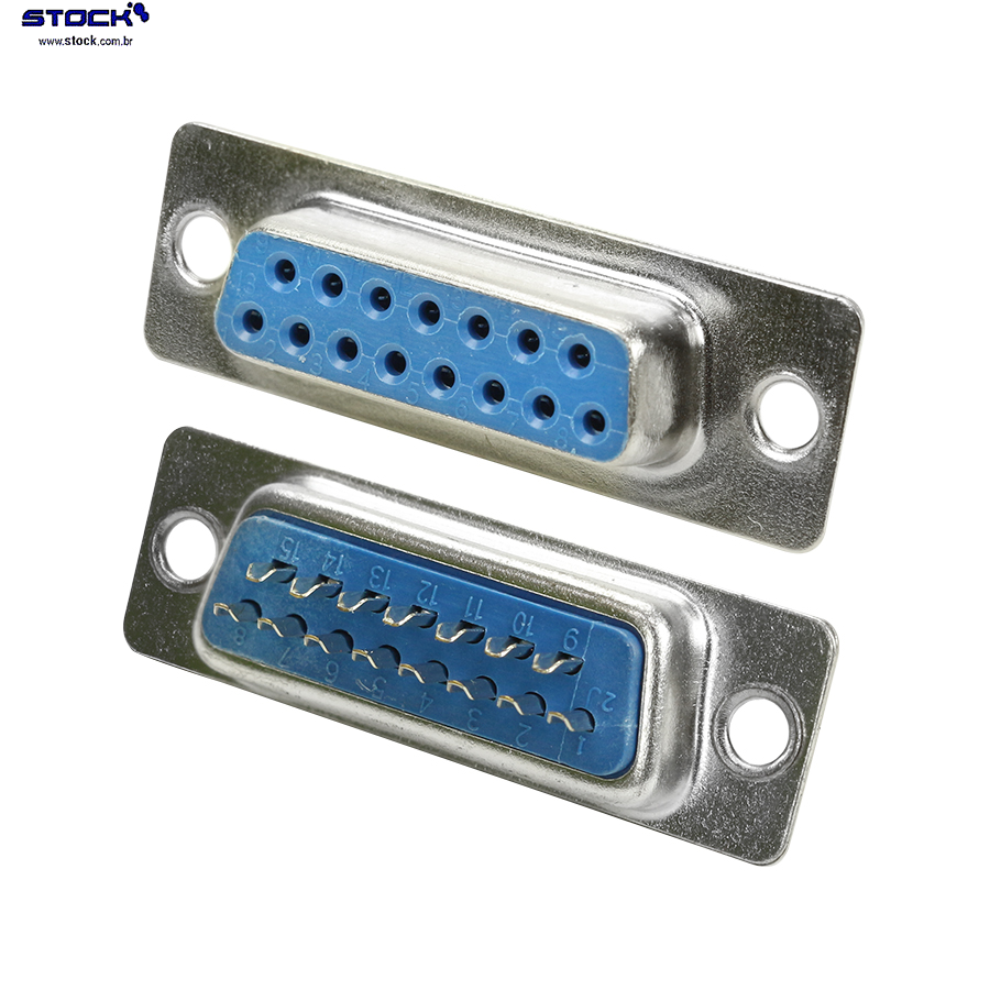 Conector tipo D-Sub DB 15 Vias Fêmea Fileira dupla – Solda Fio 180 Graus - Azul