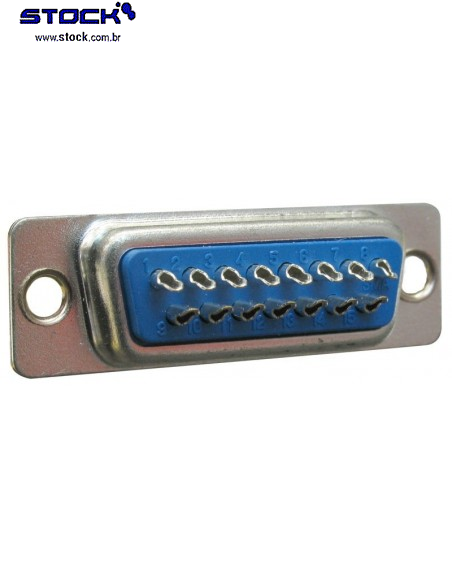 Conector tipo D-Sub DB 15 Vias Fêmea Fileira dupla – Solda Fio 180 Graus - Azul