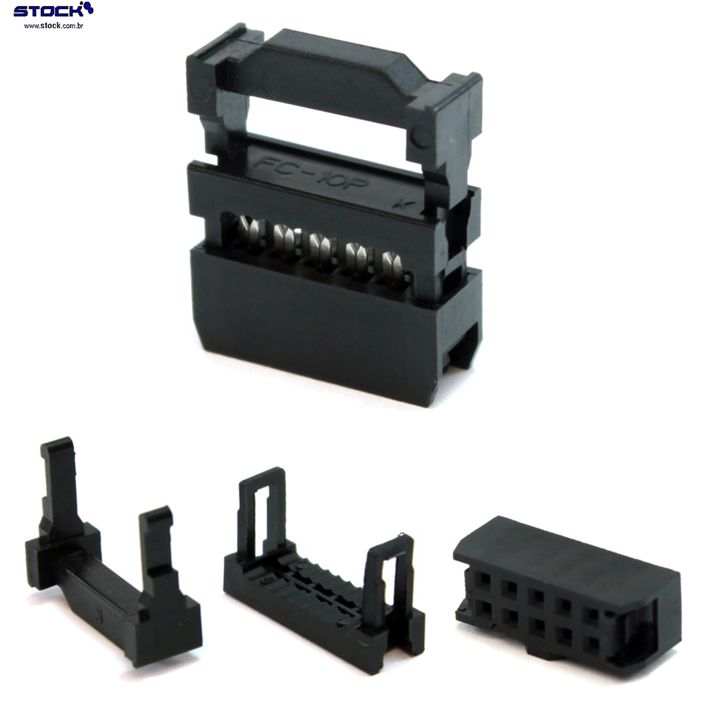 IDC Latch Fêmea 10 vias fileira dupla 2x05 c/ Aliviador p/ cabo flat - Preto