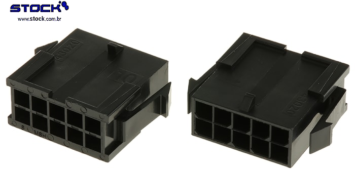 Alojamento macho Micro Fit 10 Pinos – Fileira dupla 2x05 - Ligação cabo-cabo - Pitch 3,00mm preto