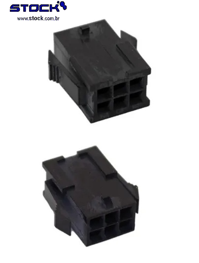 Alojamento macho Micro Fit 06 Pinos – Fileira dupla 2x03 - Ligação cabo-cabo - Pitch 3,00mm preto